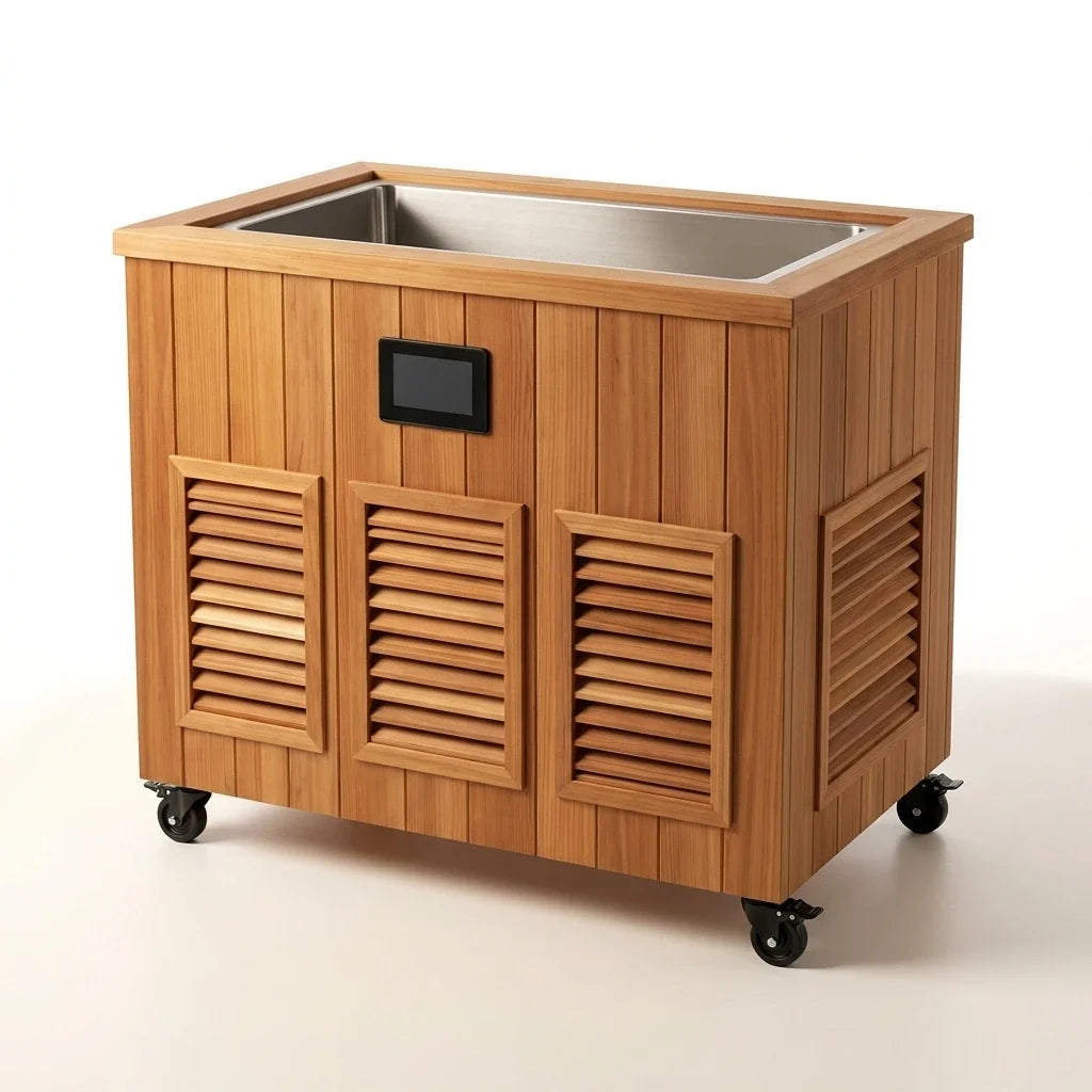 Cold Plunge Tub Designed for Daily Recovery, Cedar Cabinet, Stainless Steel Basin, Touchscreen Control — Studio Shot